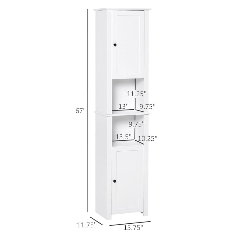 Meuble de rangement haut de salle de bain, colonne de salle de bain autoportante avec étagère à 2 niveaux et 2 placards, blanc