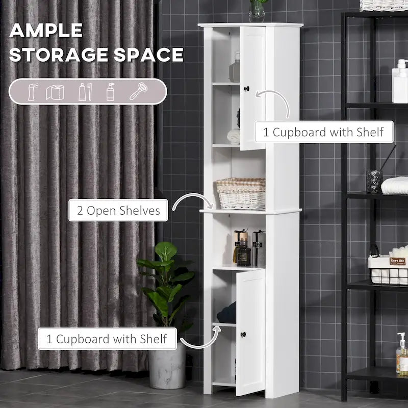 Meuble de rangement haut de salle de bain, colonne de salle de bain autoportante avec étagère à 2 niveaux et 2 placards, blanc