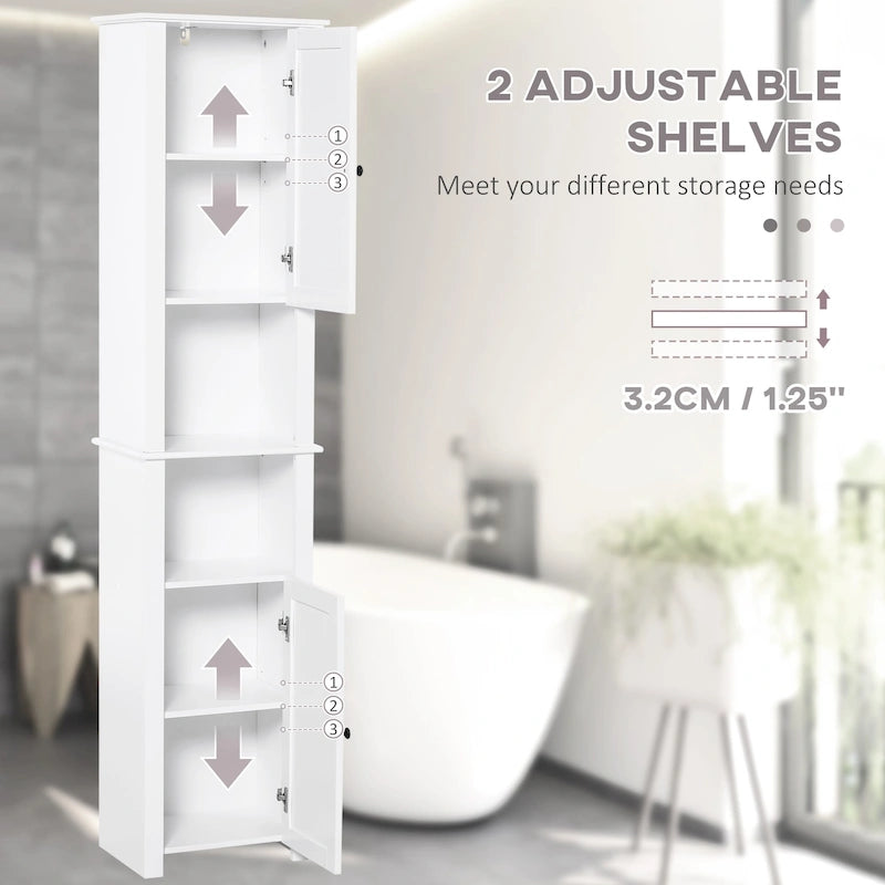 Meuble de rangement haut de salle de bain, colonne de salle de bain autoportante avec étagère à 2 niveaux et 2 placards, blanc