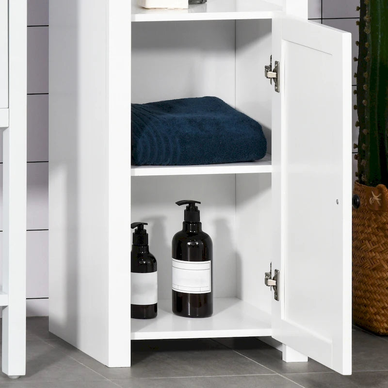 Meuble de rangement haut de salle de bain, colonne de salle de bain autoportante avec étagère à 2 niveaux et 2 placards, blanc