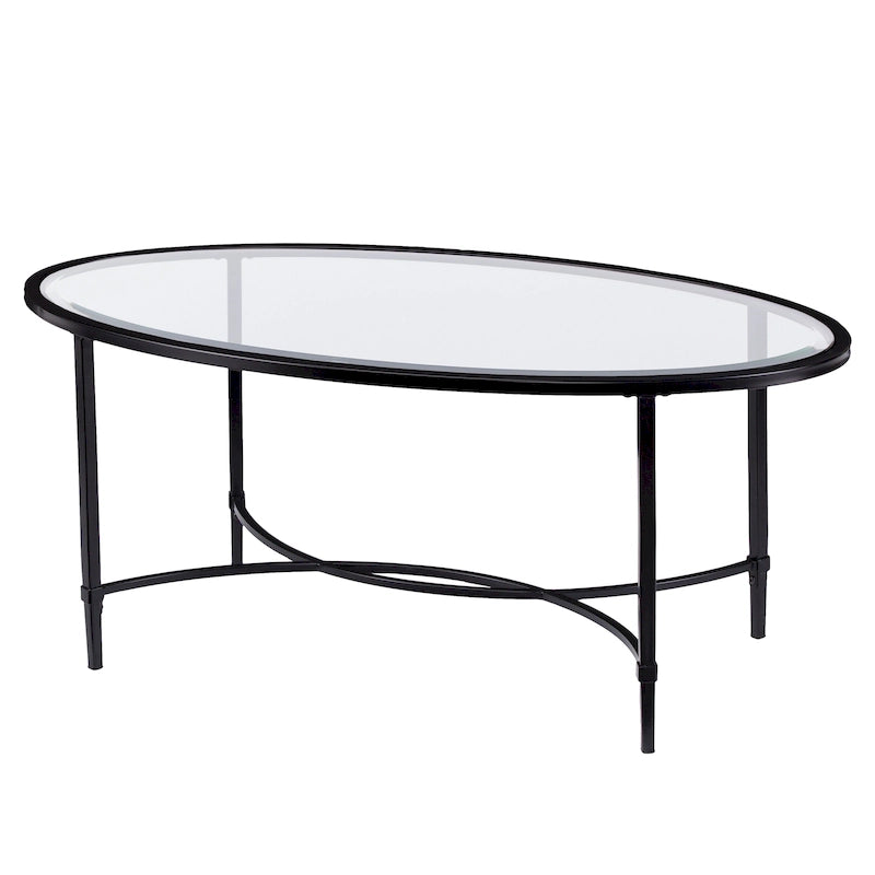 Table basse ovale en métal noir mat avec plateau en verre