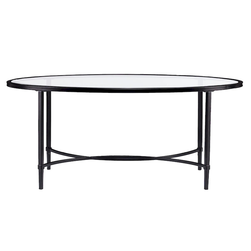 Table basse ovale en métal noir mat avec plateau en verre