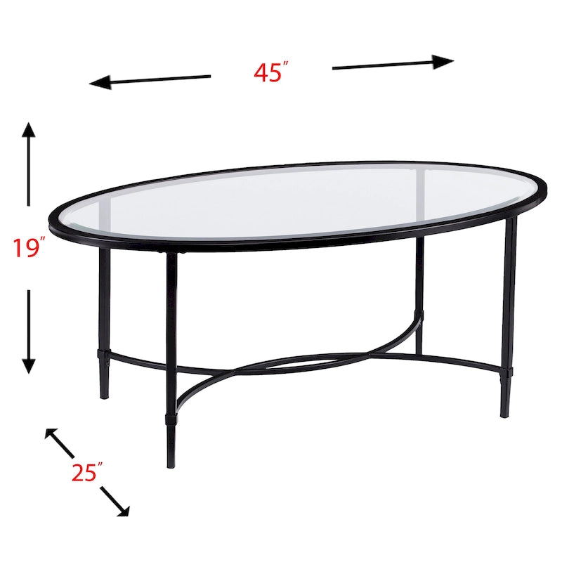Table basse ovale en métal noir mat avec plateau en verre
