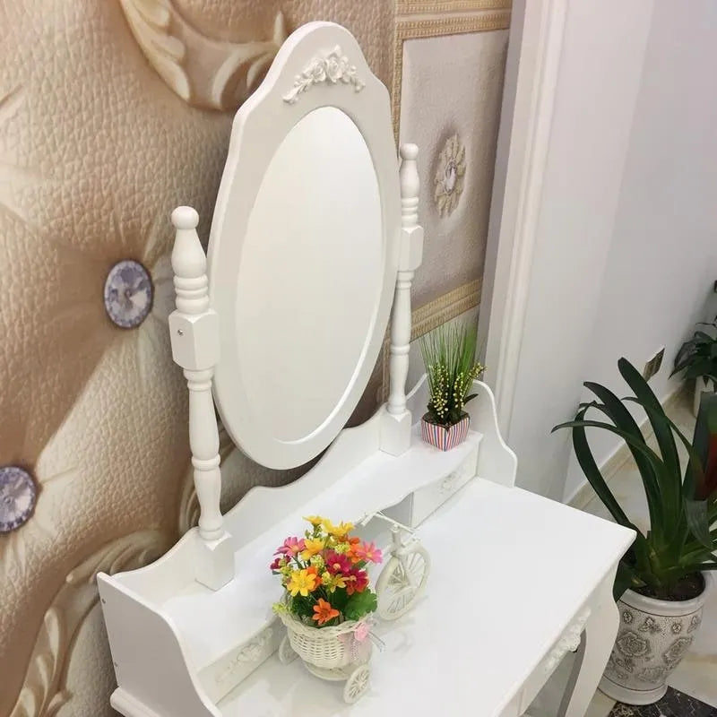 Coiffeuse de maquillage avec miroir blanc rotatif et tabouret - (29.52 x 15.75 x 56.1)