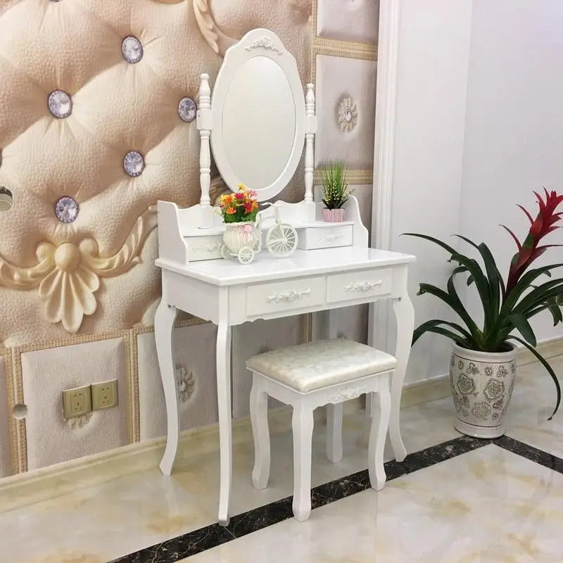 Coiffeuse de maquillage avec miroir blanc rotatif et tabouret - (29.52 x 15.75 x 56.1)