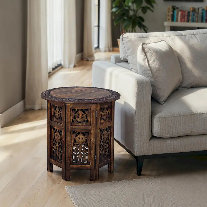 Table d'appoint pliante en bois de manguier de 45,7 cm, sculptée à la main, brun noyer