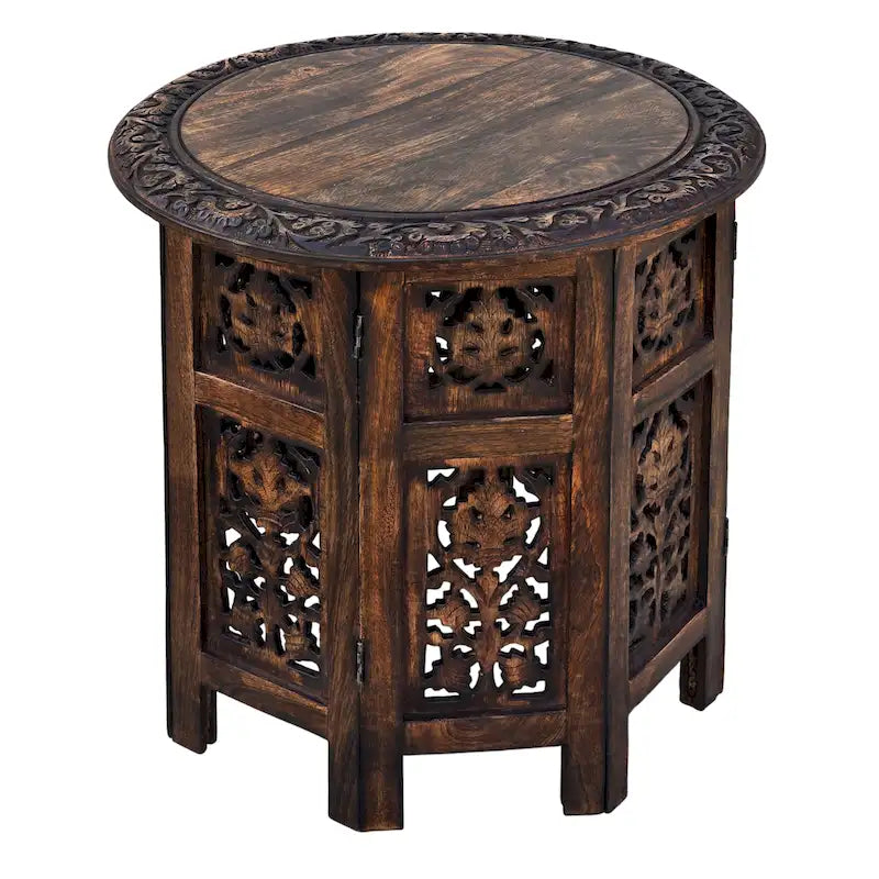 Table d'appoint pliante en bois de manguier de 45,7 cm, sculptée à la main, brun noyer