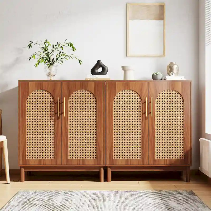 Lot de 2 buffets en rotin, buffet de 150 cm avec portes, meuble d'appoint