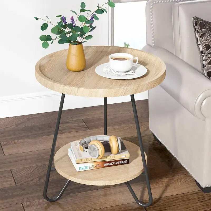 Table d'appoint ronde, table de bout en bois, table d'appoint de canapé à 2 niveaux avec pieds en métal