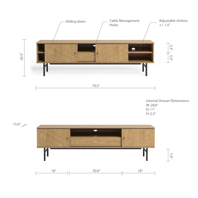 Meuble TV de 179 cm avec Console Média Effet Chêne