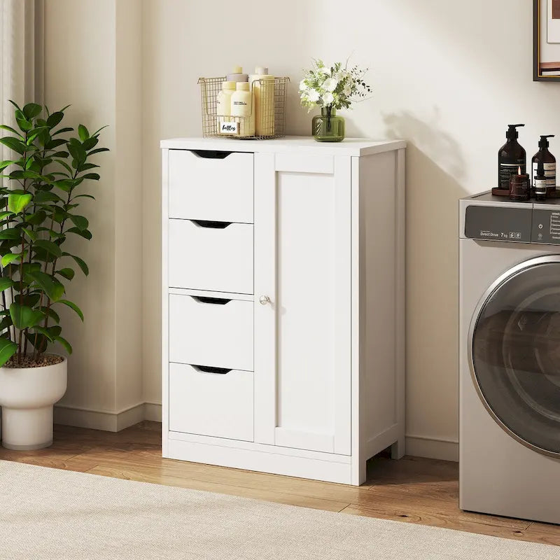 Meuble de rangement de salle de bain sur pied, Meuble de rangement de cuisine avec 4 tiroirs et 1 porte