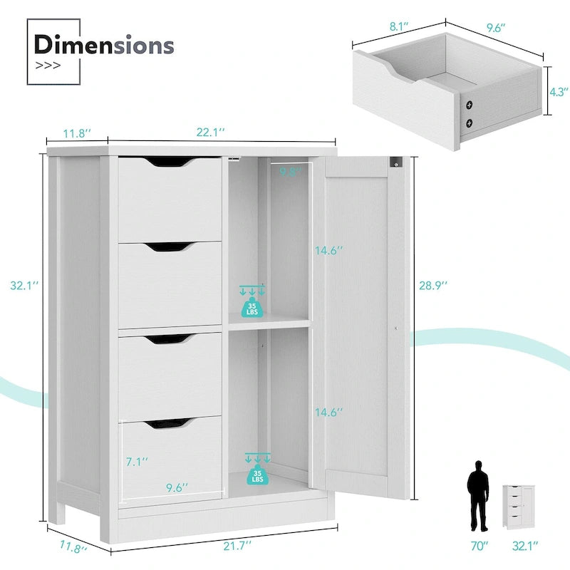 Meuble de rangement de salle de bain sur pied, Meuble de rangement de cuisine avec 4 tiroirs et 1 porte