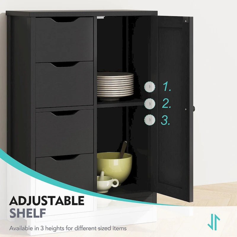 Meuble de rangement de salle de bain sur pied, Meuble de rangement de cuisine avec 4 tiroirs et 1 porte