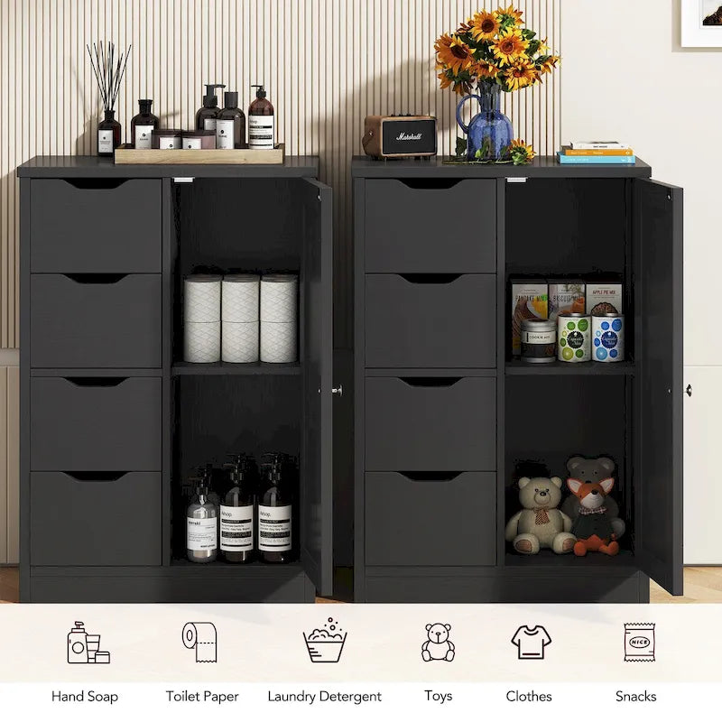 Meuble de rangement de salle de bain sur pied, Meuble de rangement de cuisine avec 4 tiroirs et 1 porte