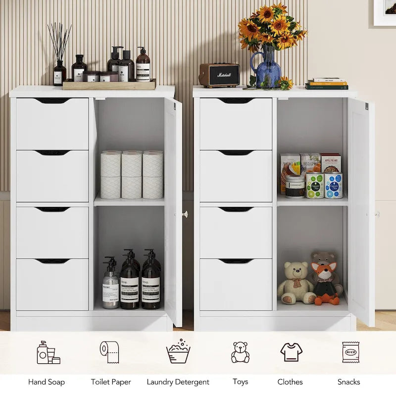 Meuble de rangement de salle de bain sur pied, Meuble de rangement de cuisine avec 4 tiroirs et 1 porte