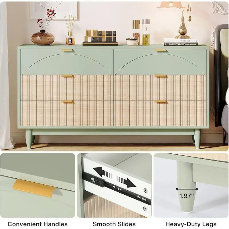 Commode de 55 pouces pour chambre à coucher, longue commode double organisatrice en bois verte