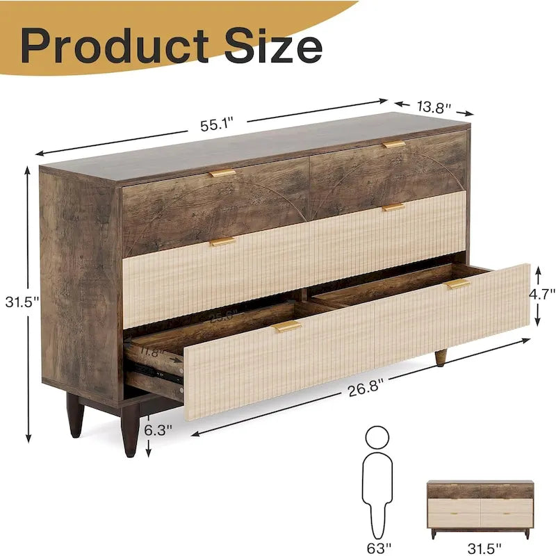 Commode de 55 pouces pour chambre à coucher, longue commode double organisatrice en bois verte