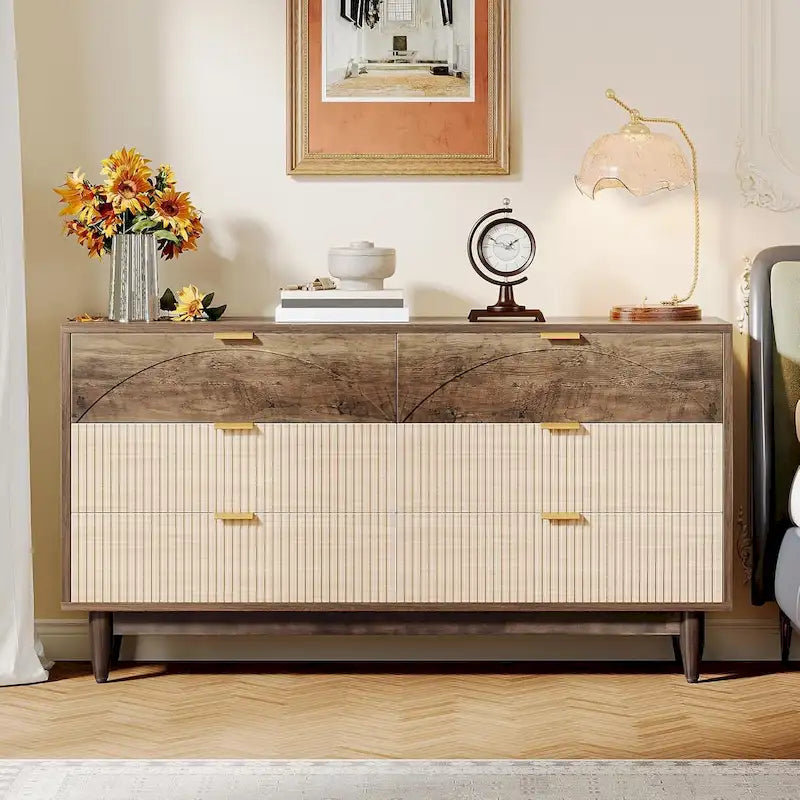 Commode de 55 pouces pour chambre à coucher, longue commode double organisatrice en bois verte